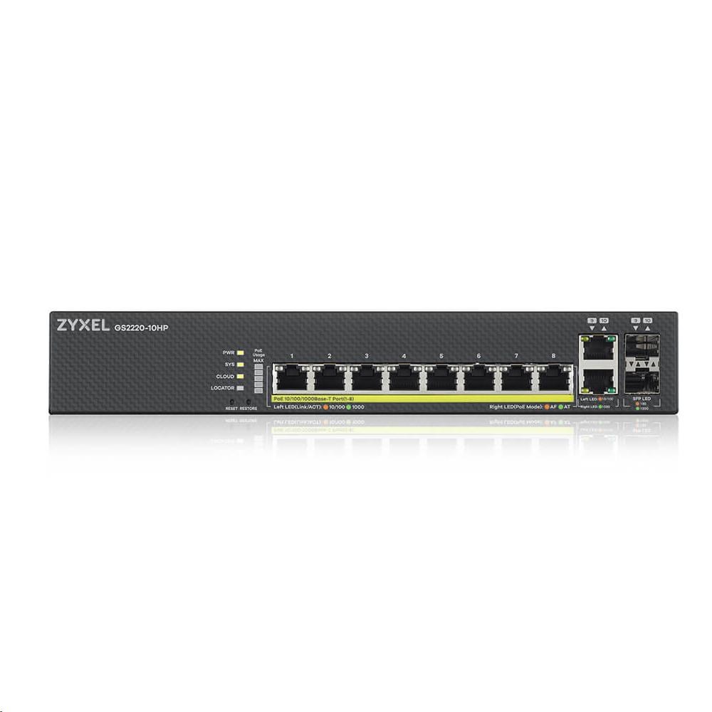 Zyxel GS2220-10HP 10-portový gigabitový PoE manažovaný L2 switch,  8x gigabitový RJ45,  2x gigabitový RJ45/ SFP,  PoE 180 W1 