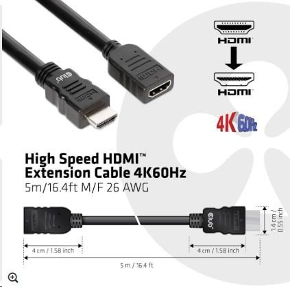 Club3D Kabel prodlužovací Rychlý HDMI 4K60HZ (M/F), 5m, černá, 26 AWG1 