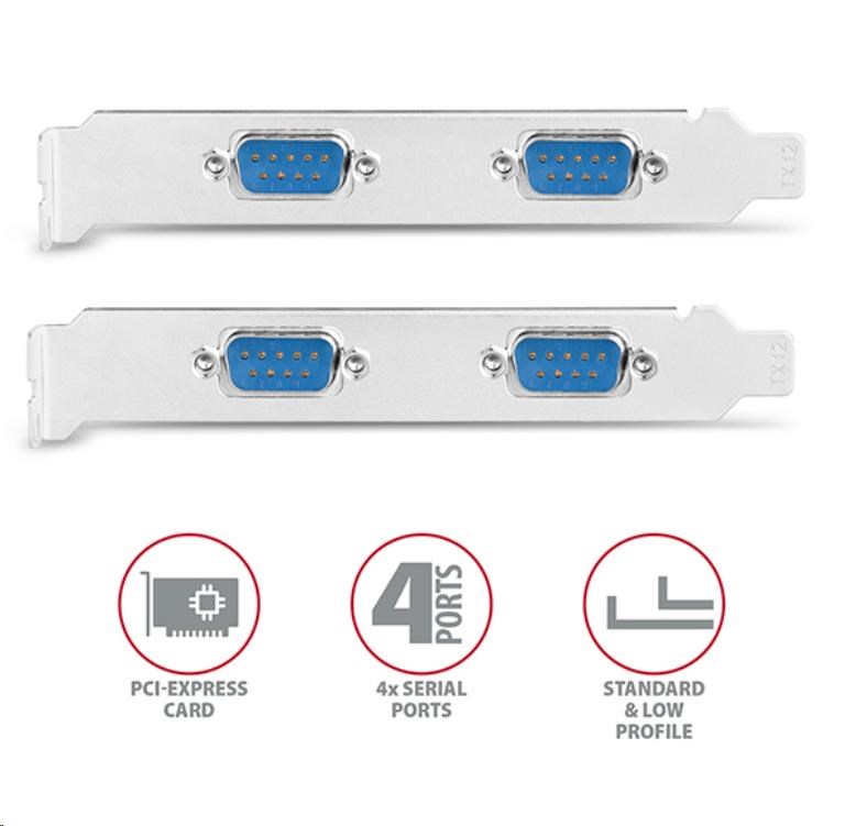 AXAGON PCEA-S4N,  PCIe radič - 4x sériový port (RS232) 250 kbps,  vrátane. LP2 
