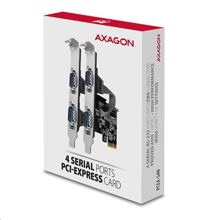 AXAGON PCEA-S4N,  PCIe radič - 4x sériový port (RS232) 250 kbps,  vrátane. LP4 