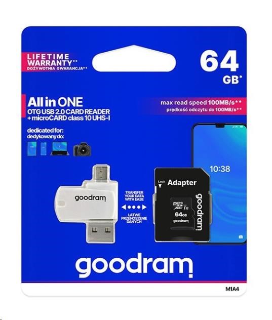 GOODRAM microSDXC karta 64GB M1A4 All-in-one (R:100/ W:10 MB/ s),  UHS-I Class 10,  U1 + Adapter + OTG card reader/ čtečka0 