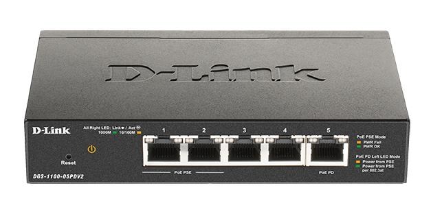 D-Link DGS-1100-05PDV2 5portový gigabitový PoE inteligentný prepínač, bez napájania - napájaný PoE, 2 porty PoE0 