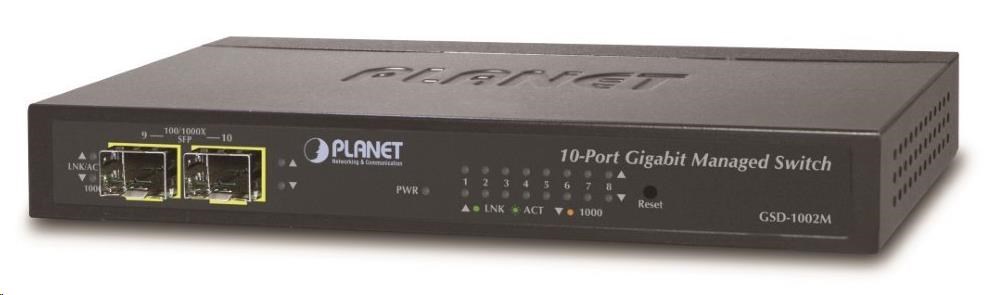 Planet GSD-1002M Switch,  8 x 10/ 100/ 1000 + 2 x 100/ 1000 Combo port,  management,  PoE-in napájení0 