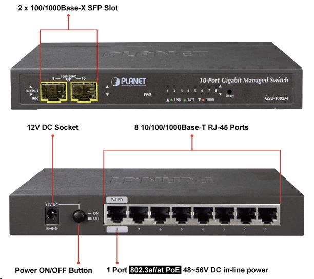 Planet GSD-1002M Switch,  8 x 10/ 100/ 1000 + 2 x 100/ 1000 Combo port,  management,  PoE-in napájení1 