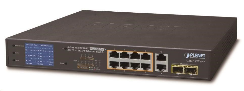 Planet GSD-1222VHP Switch,  8x PoE + 2x 1000Base-T + 2x SFP,  LCD, VLAN,  extend mód 10Mb do 250m,  IEEE 802.3at 120W0 