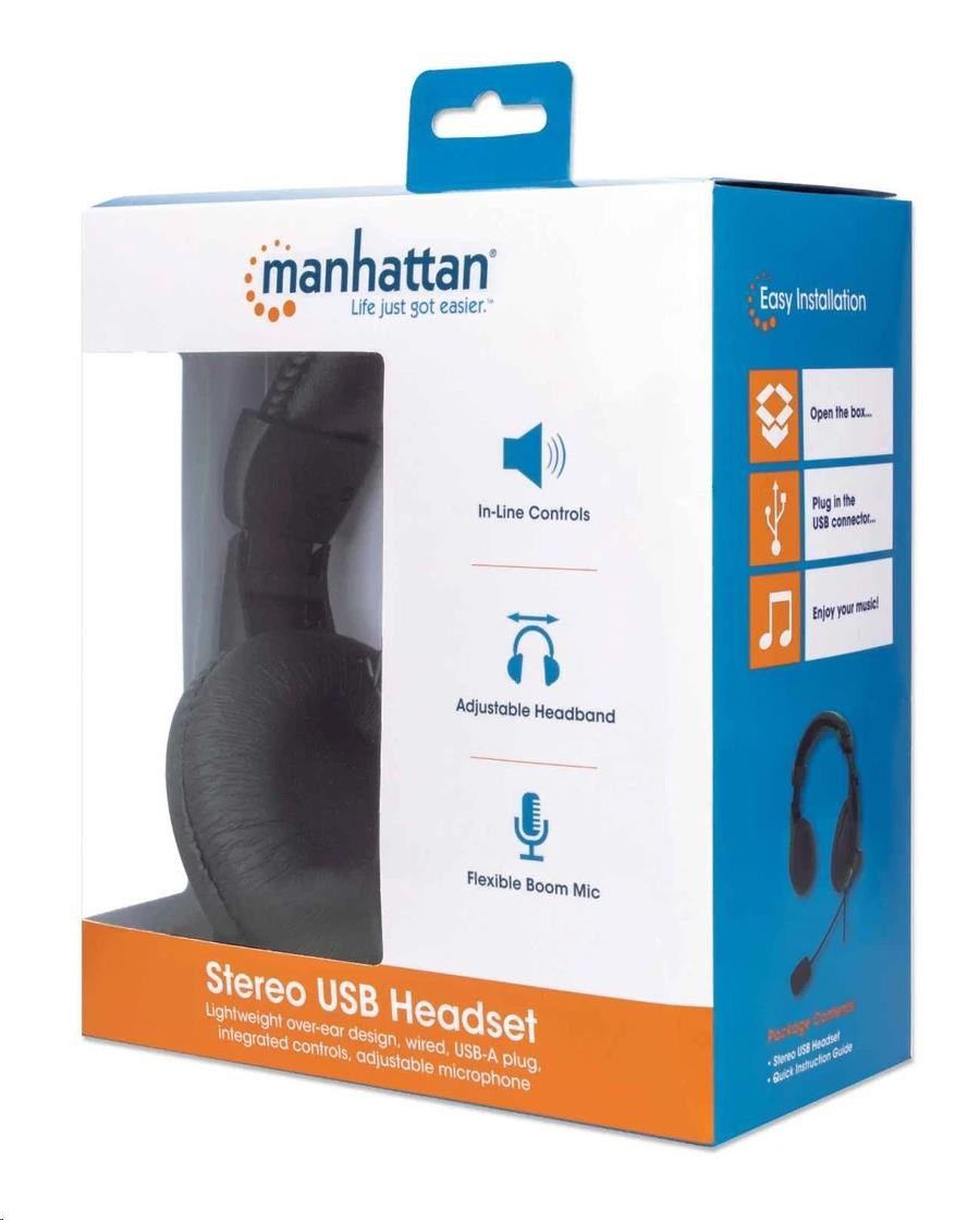 MANHATTAN Sluchátka s mikrofonem Stereo USB Headset,  box6 