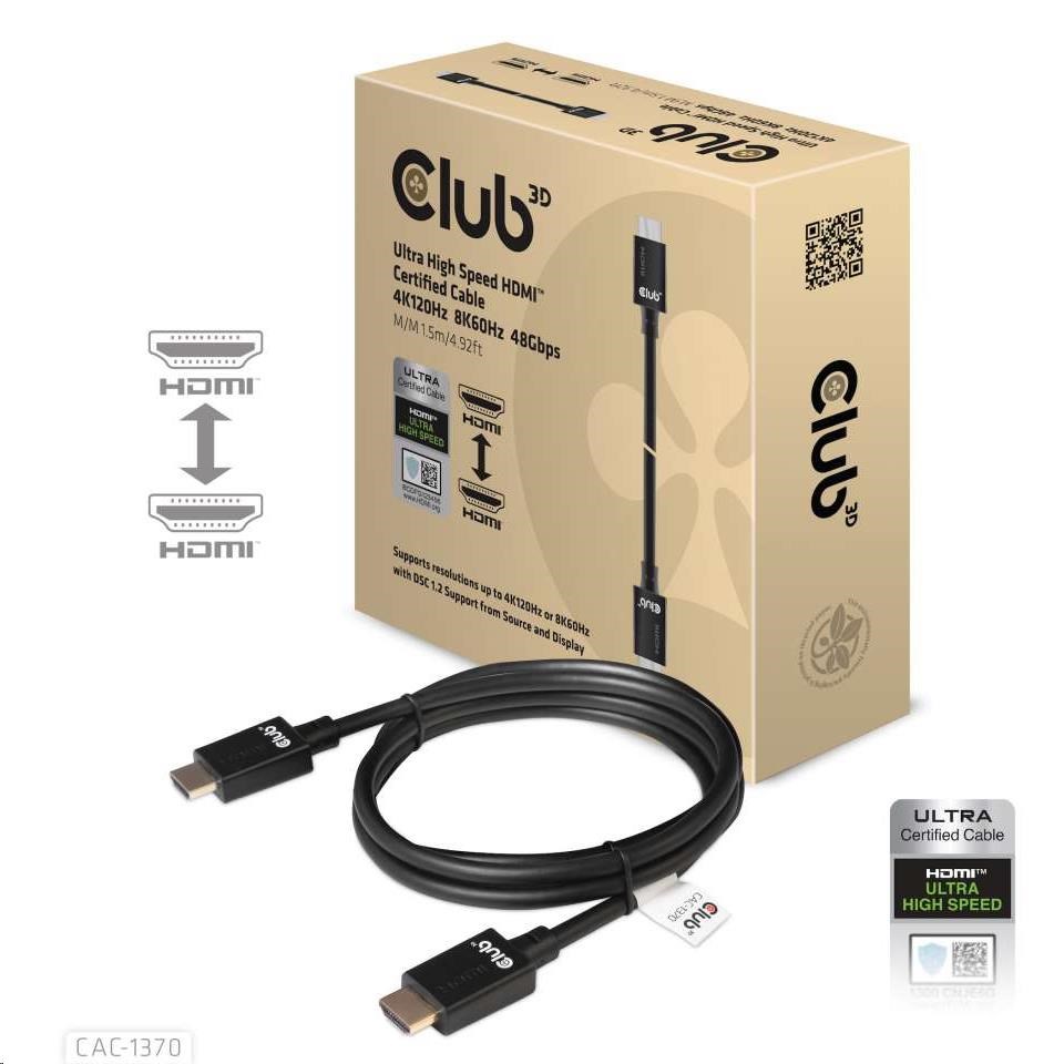 Club3D Adaptér HDMI 2.1 Ultra Rychlý HDMI™ Certifikovaný 4K120Hz,  8K60Hz,  48Gbps (M/ M 1.5 m/ 4.92 ft),  28 AWG1 