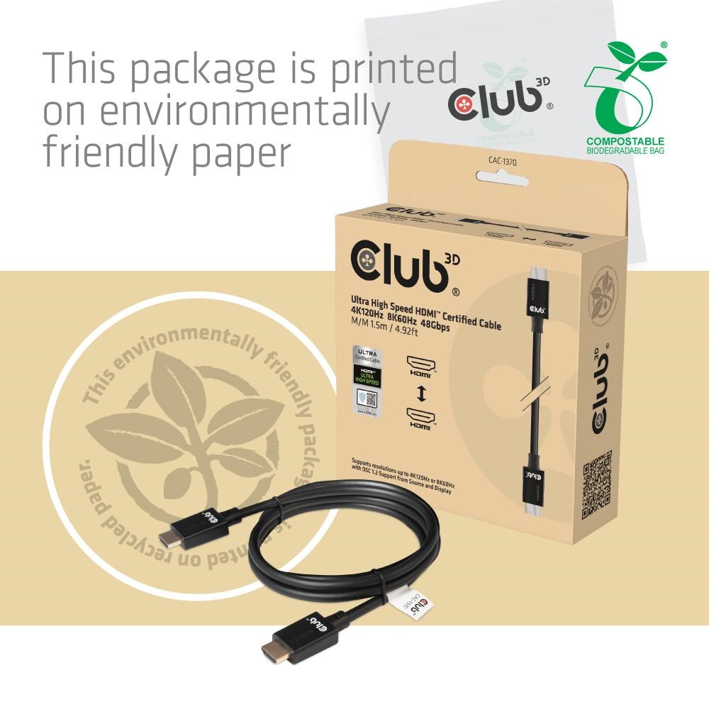 Club3D Adaptér HDMI 2.1 Ultra Rychlý HDMI™ Certifikovaný 4K120Hz,  8K60Hz,  48Gbps (M/ M 1.5 m/ 4.92 ft),  28 AWG7 