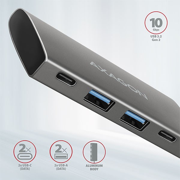 AXAGON HMC-4G2, USB 3.rozbočovač 2 Gen 2 10 Gb/s, 2x USB-A, 2x USB-C, 13 cm kábel USB-C0 