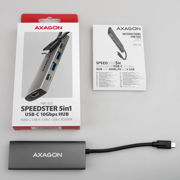 AXAGON HMC-5G2, USB 10Gbps hub, porty 2x USB-A, 2x USB-C, HDMI 4k/60, PD 100W, kábel USB-C 13cm7 