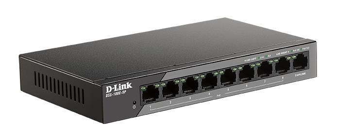 D-Link DSS-100E-9P 9-portový 10/ 100 neriadený dohľadový prepínač PoE s dlhým dosahom,  92 W1 