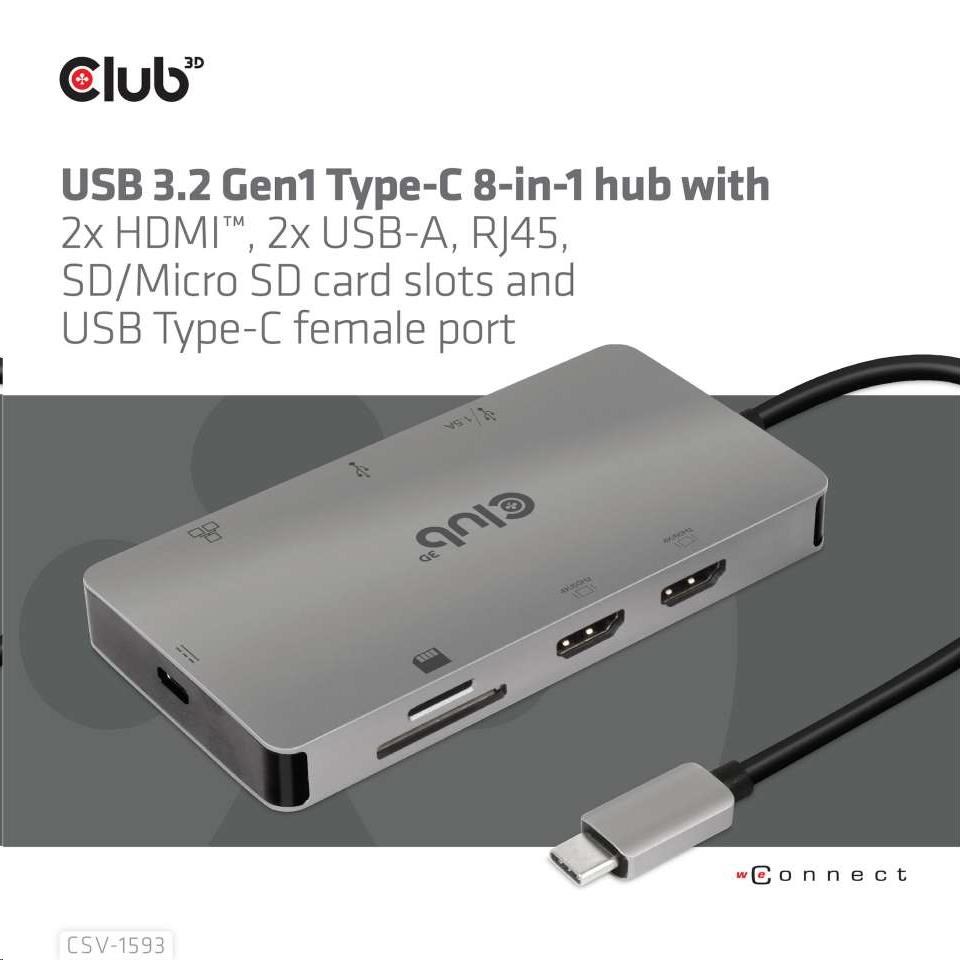 Dokovacia stanica Club3D 8v1 USB 3.2 porty typu C (2xHDMI,  2xUSB-A,  RJ45,  SD/  Micro SD USB Type-C female),  Triple Dynam2 