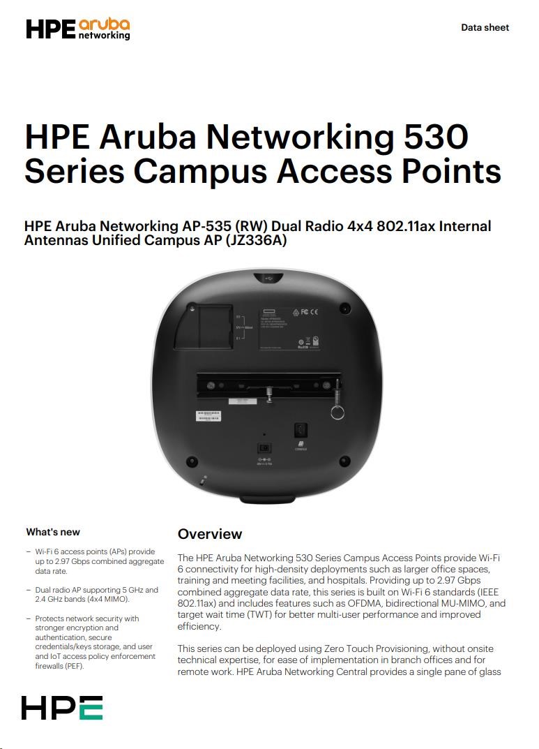 Aruba AP-535 (RW) Dual Radio 4x4:4 802.11ax Internal Antennas Unified Campus AP RENEW JZ336A1 