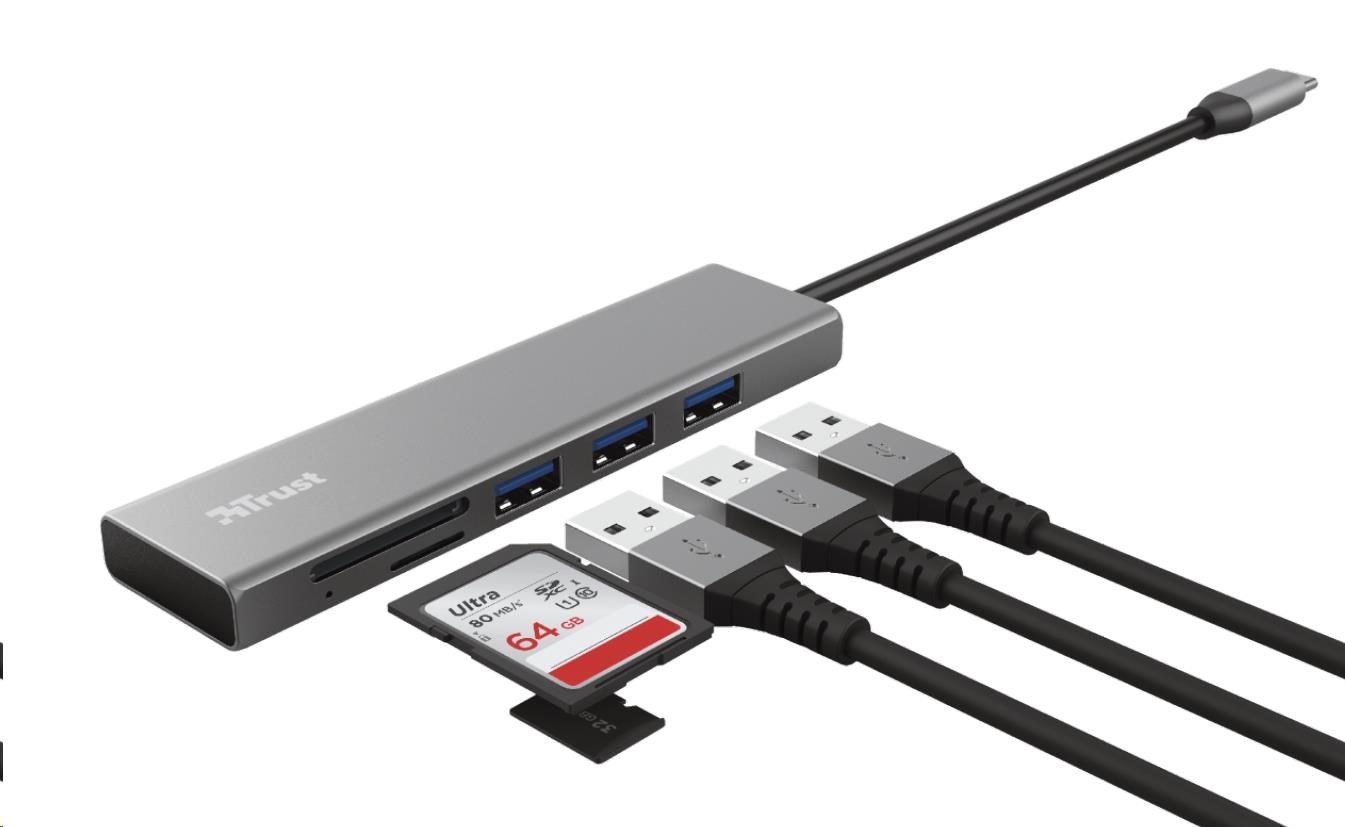 Rozbočovač TRUST HALYX,  rýchly rozbočovač USB-C a čítačka kariet1 