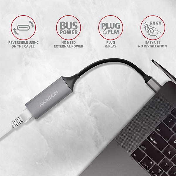 AXAGON ADE-TRC,  USB-C 3.2 Gen 1 - Gigabitová sieťová karta Ethernet,  automatická inštalácia,  titánovo šedá2 