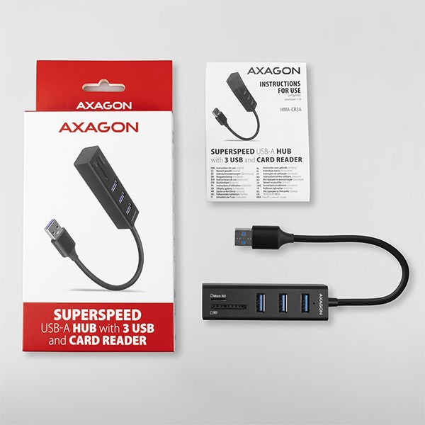 AXAGON HMA-CR3A,  USB 3.rozbočovač 2. generácie,  3x porty USB-A + čítačka kariet SD/ microSD,  kov,  20 cm kábel USB-A5 