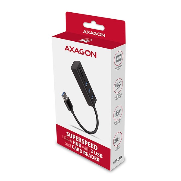 AXAGON HMA-CR3A,  USB 3.rozbočovač 2. generácie,  3x porty USB-A + čítačka kariet SD/ microSD,  kov,  20 cm kábel USB-A6 