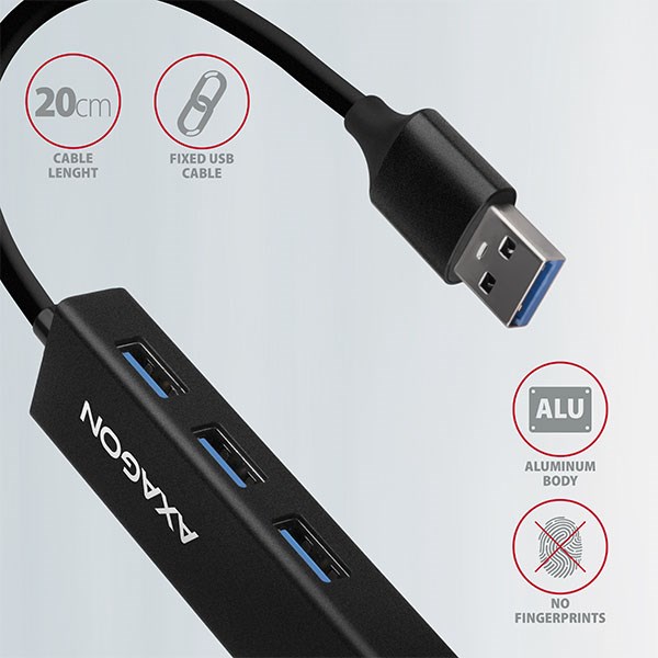 AXAGON HMA-GL3A,  USB 3.rozbočovač 2. generácie,  porty 3x USB-A + Gigabit Ethernet,  kov,  kábel USB-A 20 cm4 