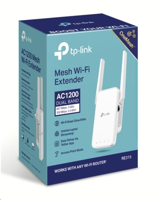 TP-Link RE315 OneMesh/ EasyMesh WiFi5 Extender/ Repeater (AC1200, 2, 4GHz/ 5GHz, 1x100Mb/ s LAN)5 