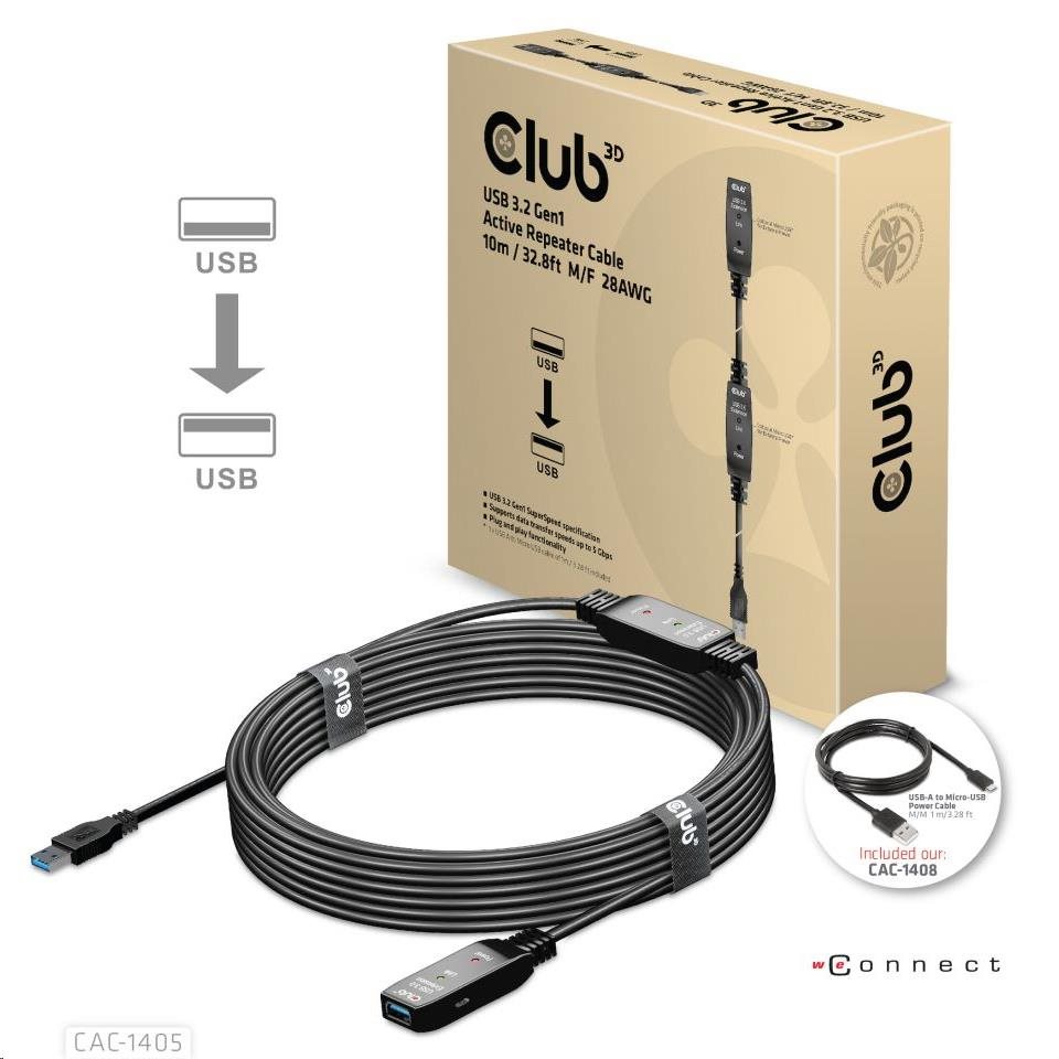 Kábel USB Club3D 3.2 Kábel aktívneho opakovača Gen1 M/ F 28AWG,  10 m0 