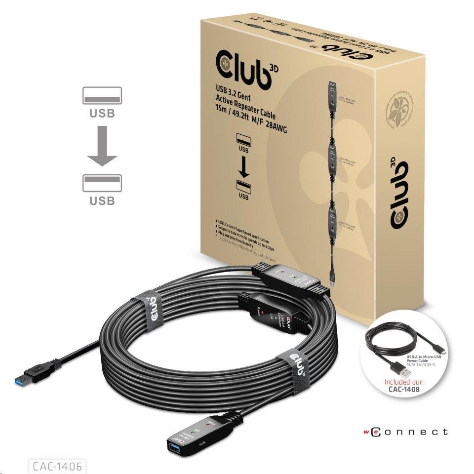 Kábel USB Club3D 3.2 Kábel aktívneho opakovača Gen1 M/ F 28AWG,  15 m0 