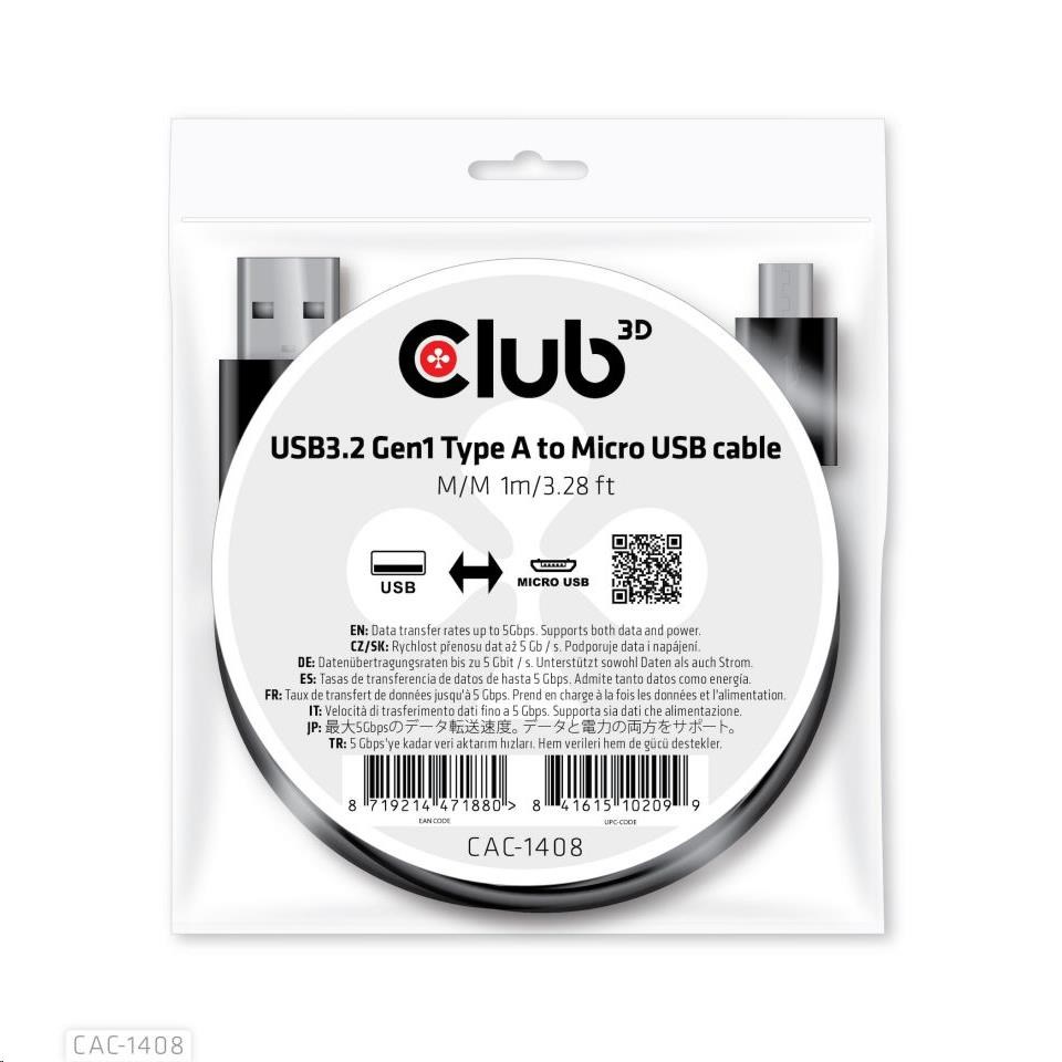 Kábel USB Club3D 3.2 Kábel Gen1 Type-A na Micro USB M/ M,  1 m0 