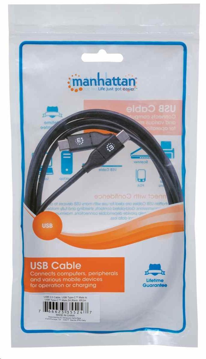 Kábel Manhattan USB-C,  USB 2.0,  samec na samca,  480 Mb/ s,  5 A,  2 m,  čierna2 