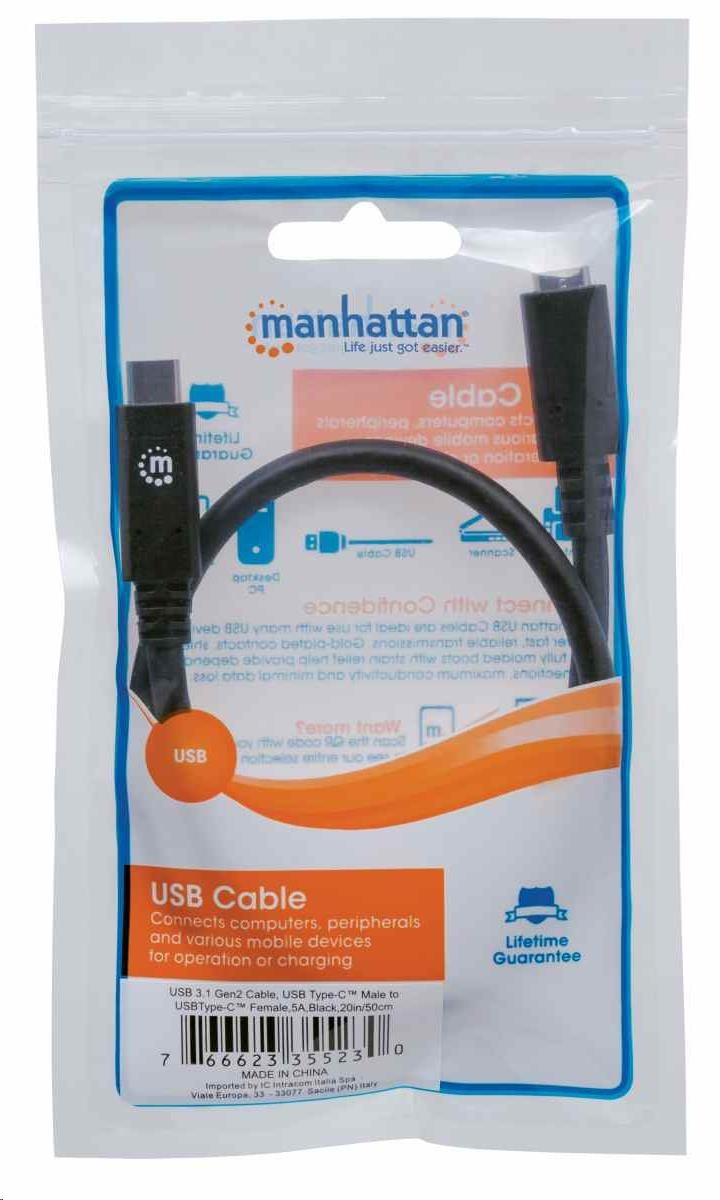 Kábel Manhattan USB-C,  USB 3.1 Gen 2,  USB-C samec na USB-C samica,  10 Gb/ s,  5 A,  50 cm,  čierna1 