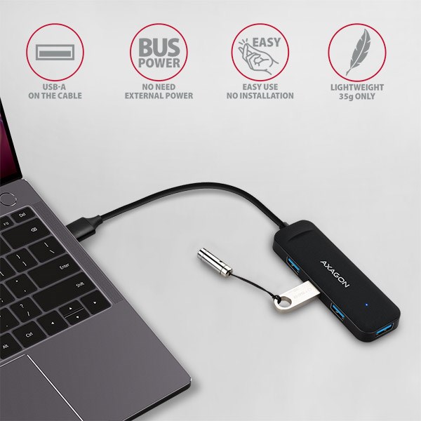 AXAGON HUE-L1A, 4x USB 3.2 Gen 1 TRAVEL hub, kabel USB-A 20cm2 