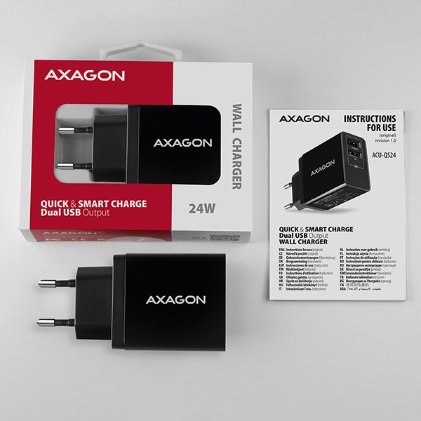 AXAGON ACU-QS24, sieťová nabíjačka QC & SMART 24 W, 2x port USB-A, QC3.0/AFC/FCP + 5V/1,2A7 