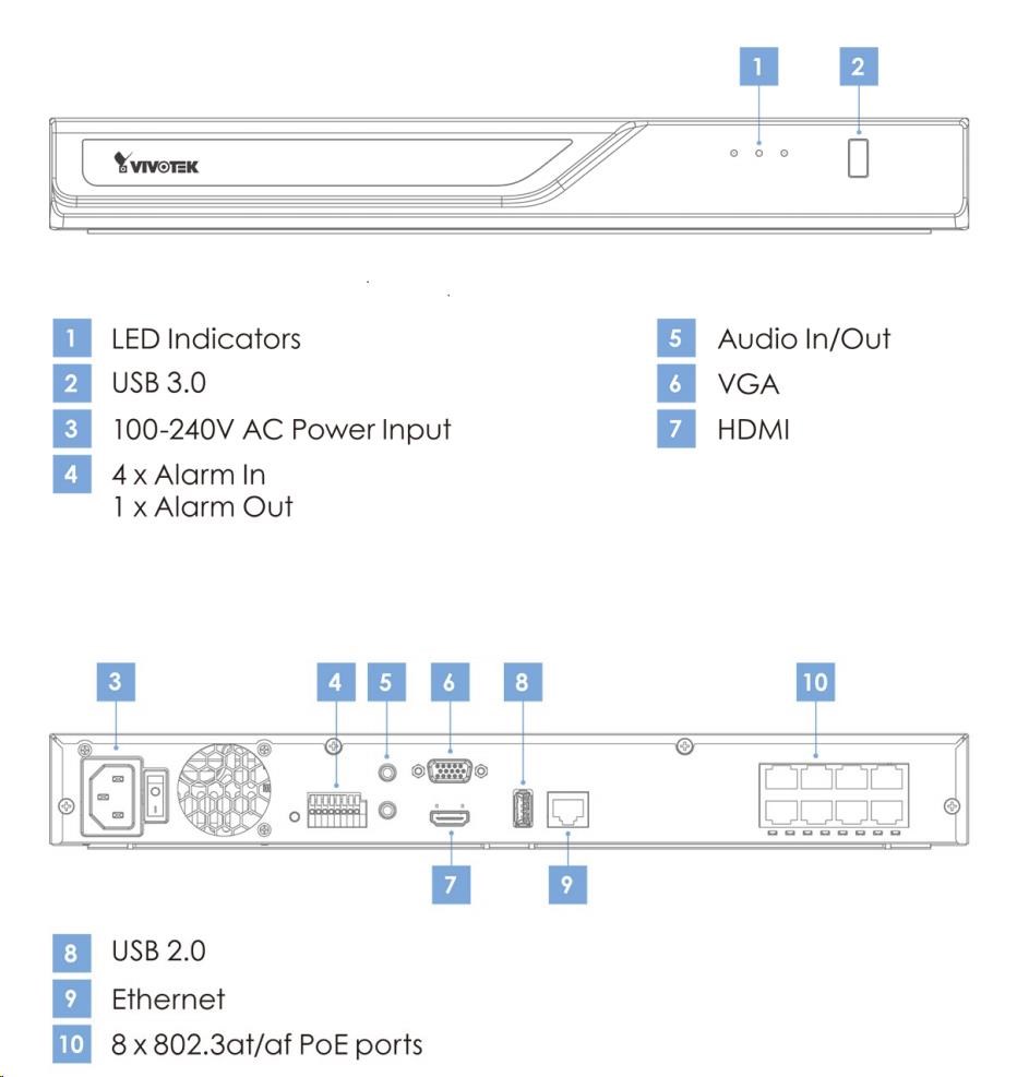 Vivotek NVR ND9323P,  8 kanálov,  8xPoE(max.120W),  2xHDD,  H.265,  2x USB,  DI/ DO,  1xHDMI,  Cloud1 