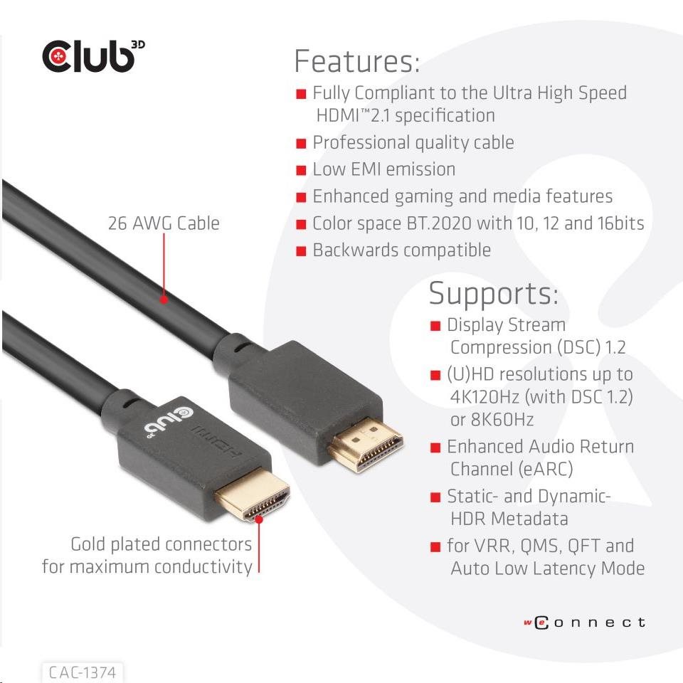 Club3D Kabel Ultra Rychlý HDMI™, 4K120Hz, 8K60Hz Cable 48Gbps (M/M), 28AWG, 4m3 