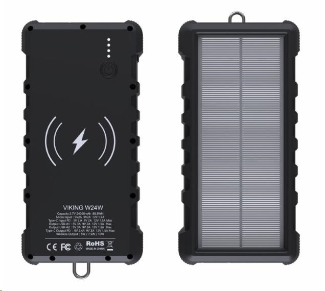 Viking solární outdoorová powerbanka W24W 24000 mAh,  bezdrátové nabíjení0 