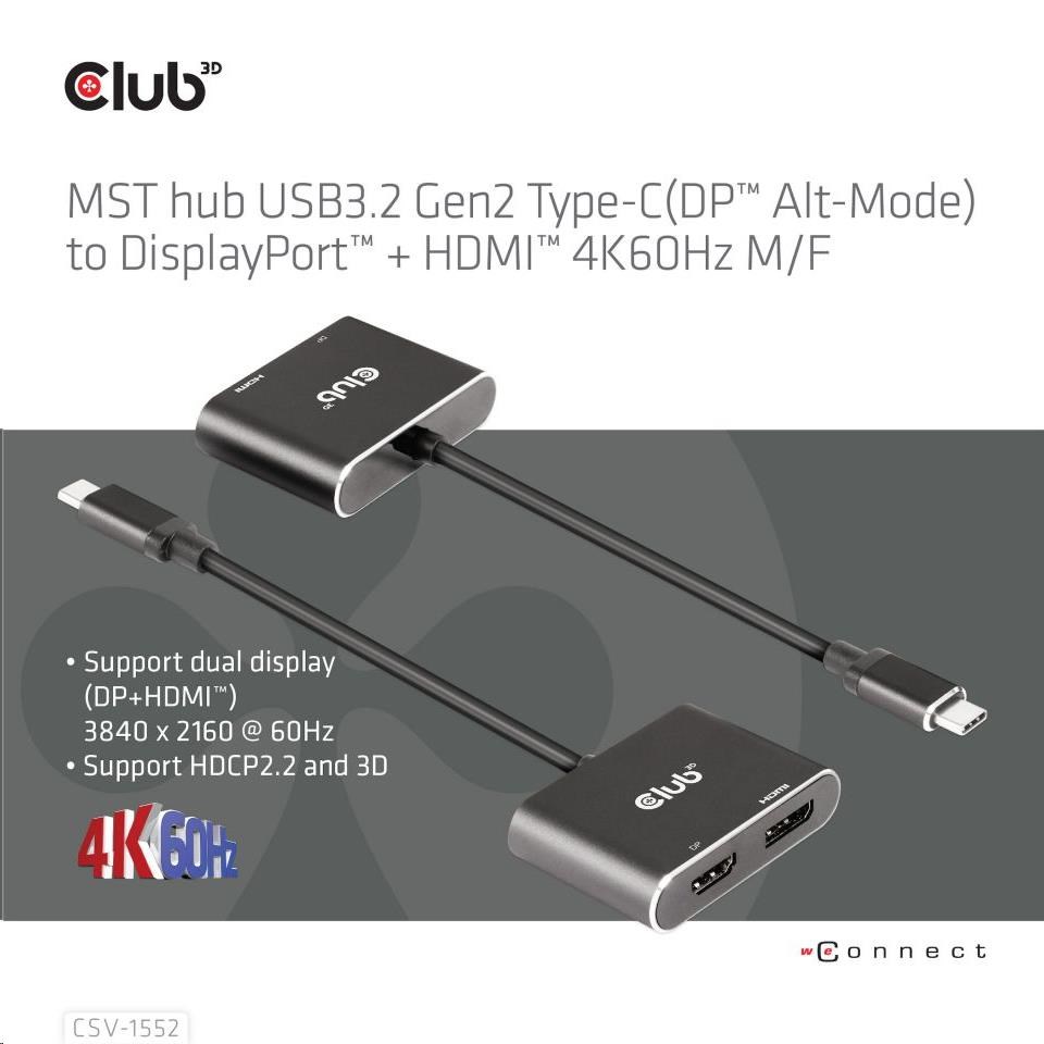 Club3D hub MST (Multi Stream Transport) USB3.2 Gen2 Type-C (DP Alt-Mode) na DisplayPort + HDMI 4K60Hz (M/ F)2 