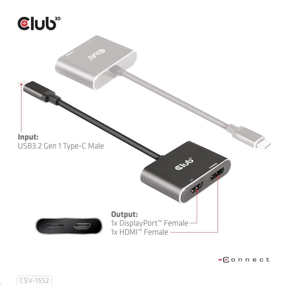 Club3D hub MST (Multi Stream Transport) USB3.2 Gen2 Type-C (DP Alt-Mode) na DisplayPort + HDMI 4K60Hz (M/ F)6 