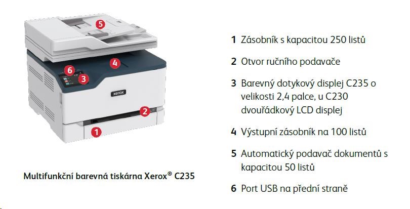 Xerox C235V_DNI,  farebný laser. multifunkcia,  A4,  22 strán za minútu,  obojstranný tlač,  ADF,  WiFi/ USB/ Ethernet,  512 MB 1 