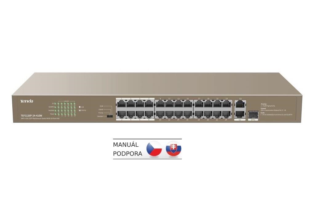Tenda TEF1126P-24-410W PoE AF/ AT switch - 24x PoE 100 Mb/ s + 2x Uplink 1Gb/ s RJ45/ SFP, PoE+ 370W0 