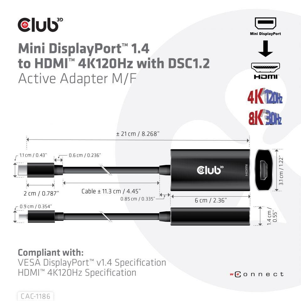 Club3D aktívny mini DisplayPort adaptér 1.4 na HDMI 4K120Hz s DSC1.2 M/F4 