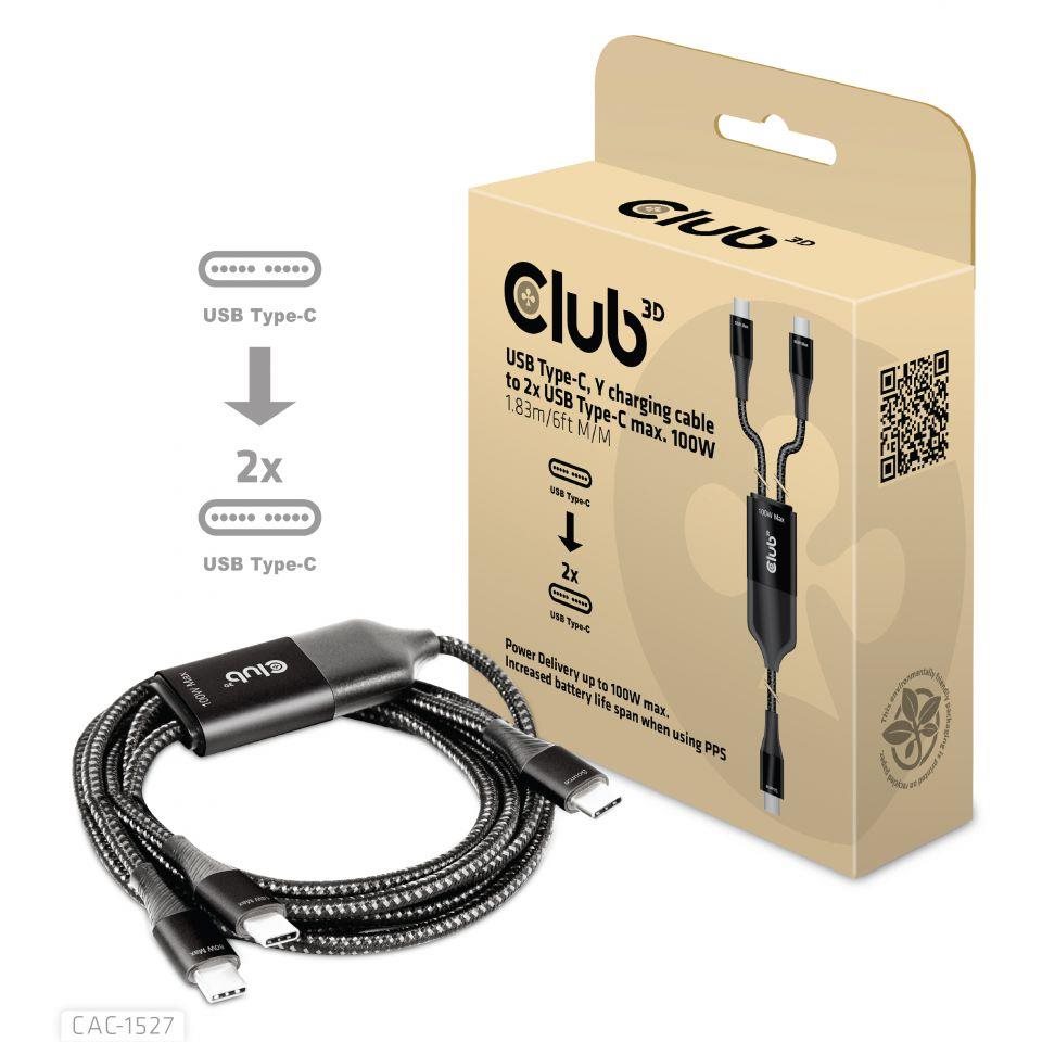 Nabíjací kábel Club3D USB Type-C,  nabíjací kábel Y na 2x USB Type-C max. 100W,  1.83m/ 6ft M/ M2 