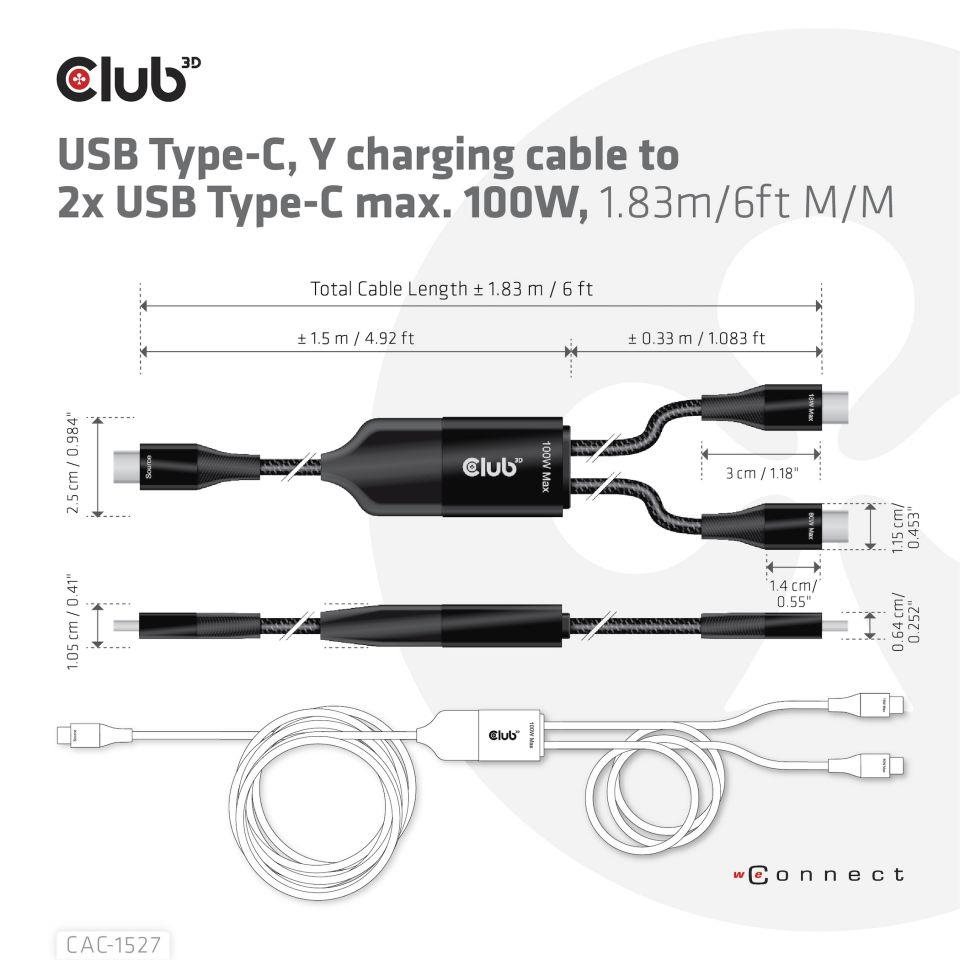 Nabíjací kábel Club3D USB Type-C,  nabíjací kábel Y na 2x USB Type-C max. 100W,  1.83m/ 6ft M/ M3 
