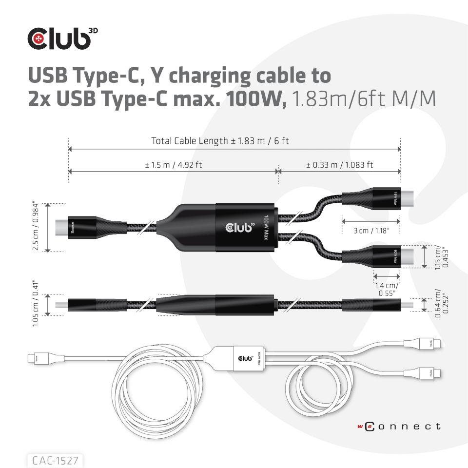 Nabíjací kábel Club3D USB Type-C,  nabíjací kábel Y na 2x USB Type-C max. 100W,  1.83m/ 6ft M/ M4 