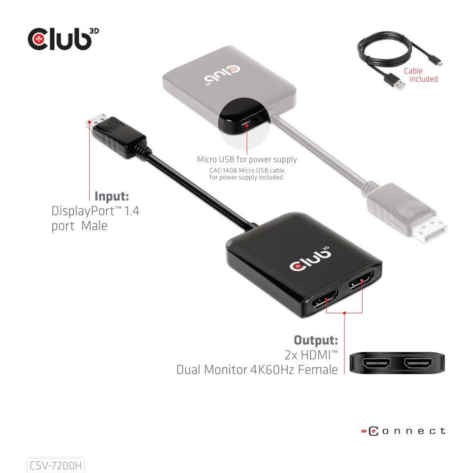 Club3D hub MST (Multi Stream Transport) DisplayPort 1.4 až 2xHDMI duálny monitor 4K60Hz (M/ F)0 