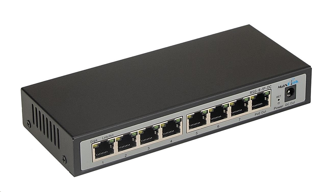 MaxLink reverzný PoE switch RSG-8-1P-DC 7x PoE IN,  1x PoE Out,  1x DC Out0 