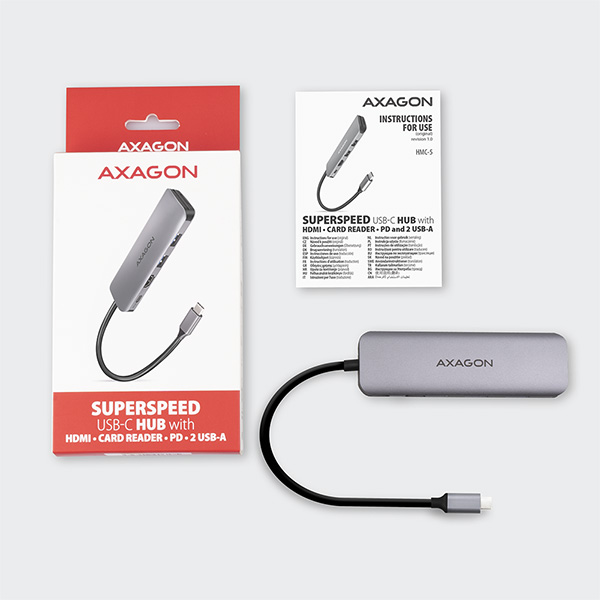 AXAGON HMC-5,  USB 3.rozbočovač 2. generácie,  2x porty USB-A,  HDMI,  slot SD/ microSD,  100W PD,  20cm kábel USB-C9 
