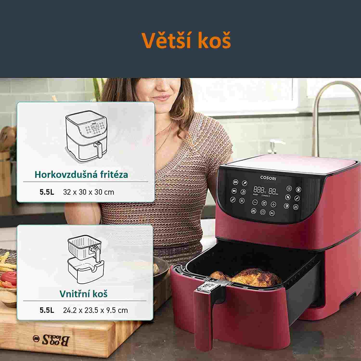 Cosori CP158-AF PREMIUM –  5.5L  horkovzdušná fritéza + 5x špíz a gril. rošt,  red1 