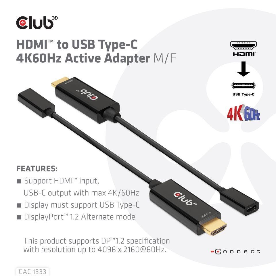 Club3D Aktívny adaptér HDMI na USB-C,  4K60Hz,  M/ F3 