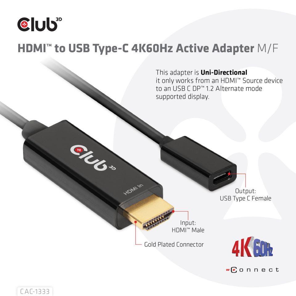Club3D Aktívny adaptér HDMI na USB-C,  4K60Hz,  M/ F1 
