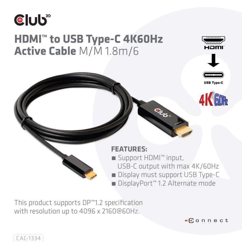 Club3D aktívny kábel HDMI na USB-C,  4K60Hz,  1.8m,  M/ M1 