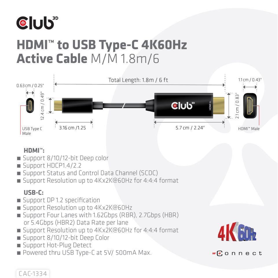 Club3D aktívny kábel HDMI na USB-C, 4K60Hz, 1.8m, M/M2 