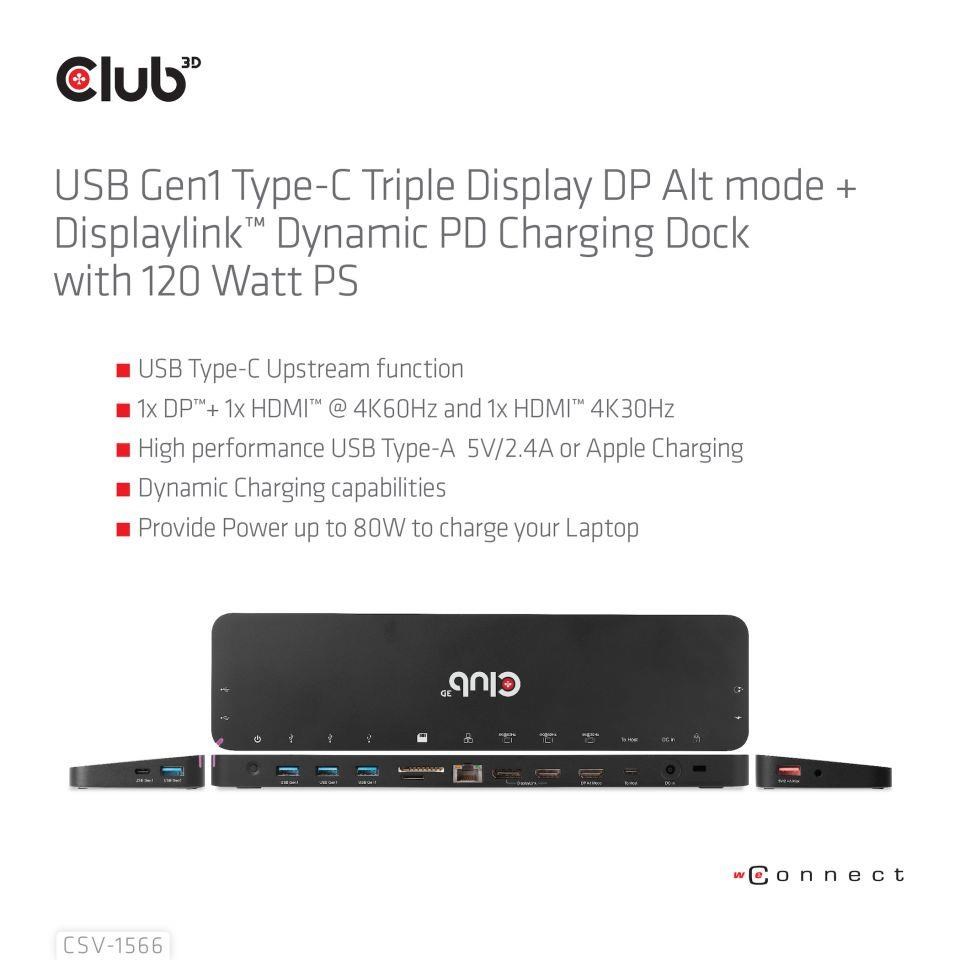 Club3D USB-C,  Triple Display DP Alt mode Displaylink Dynamic PD Charging Dock so 120 W PS3 